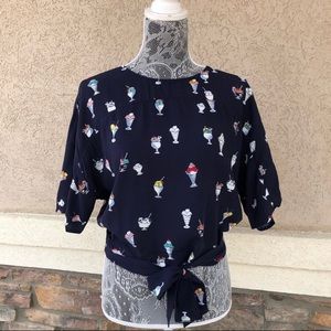 Zara Ice Cream Print Tie Cropped Blouse Navy